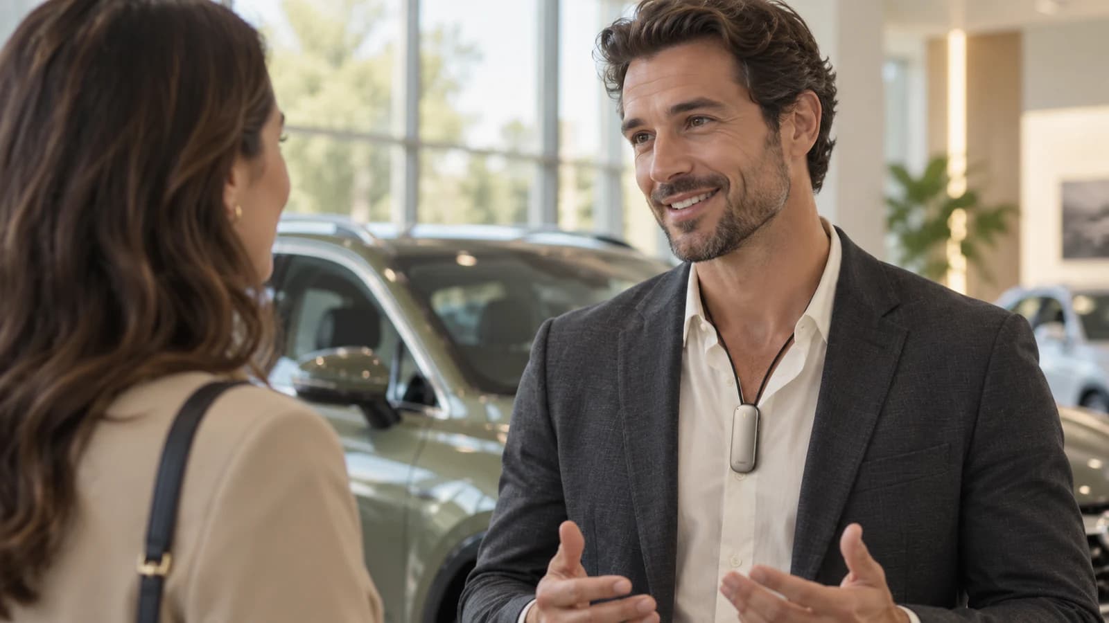 Concept scene of a salesperson wearing the Closer pendant while talking with a customer in a showroom